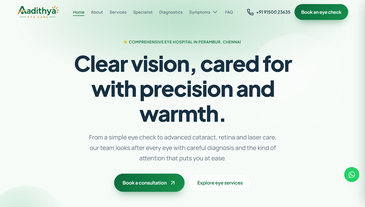 Homepage of the Aadithya Eye Care website designed by DivX Web Studio