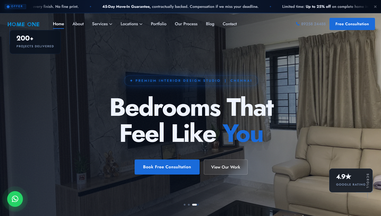 Homepage of the HomeOne Interiors website designed by DivX Web Studio